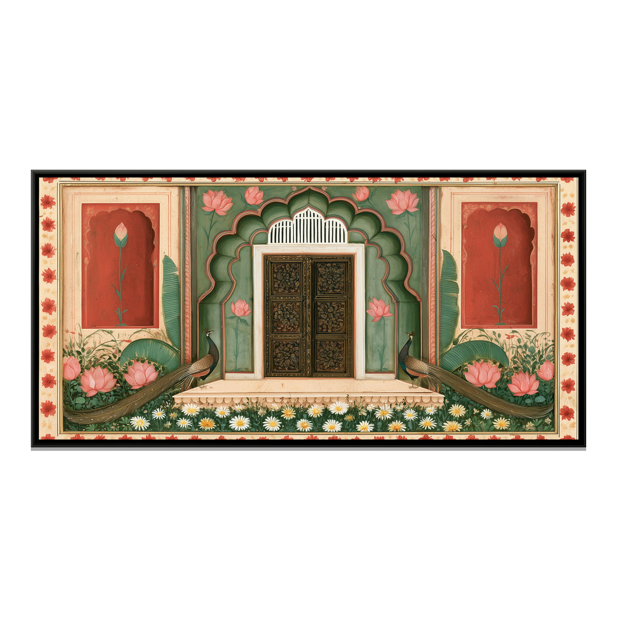 Mughal Door with Peacocks — framed canvas print, front view