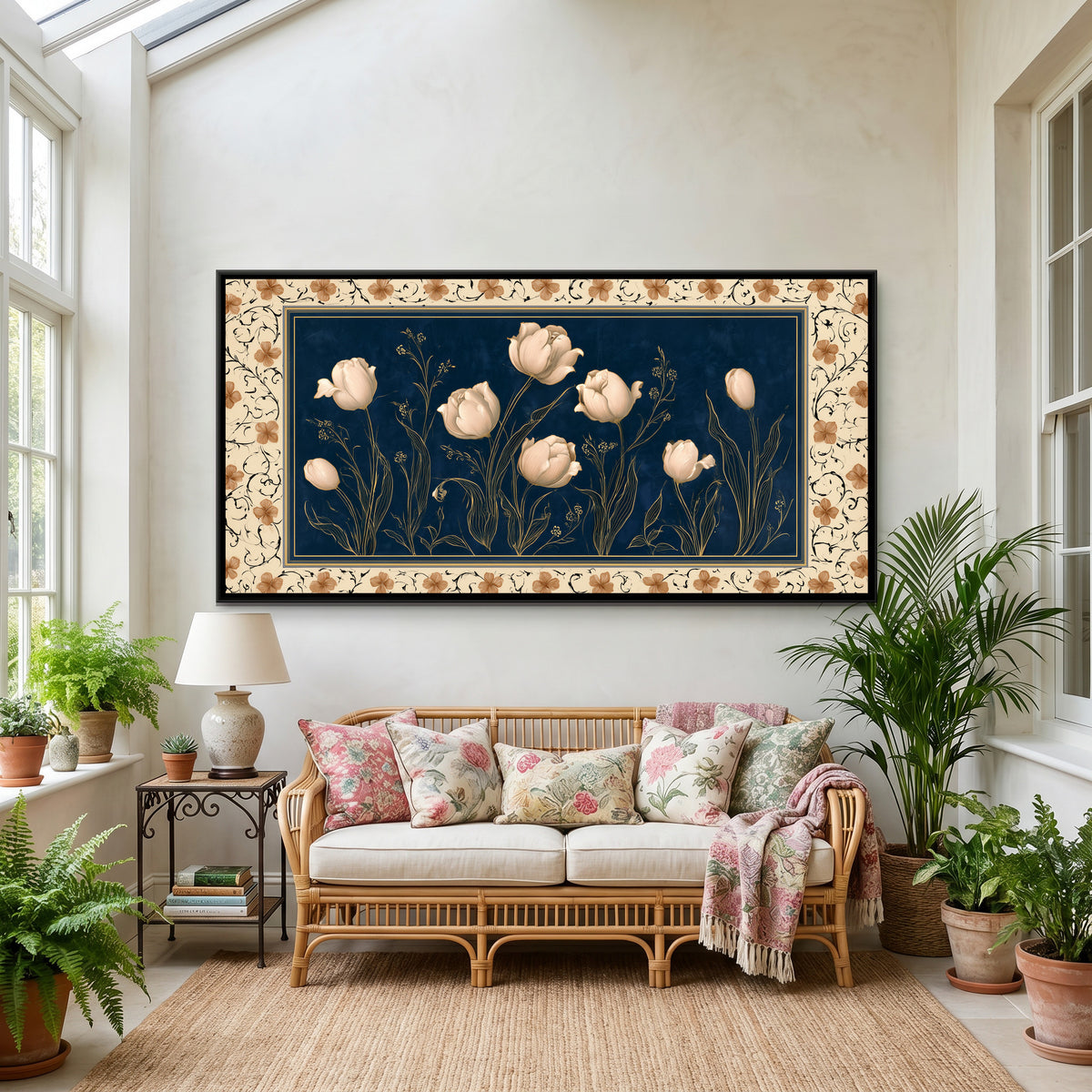 Mughal Tulips — canvas art shown in a styled room