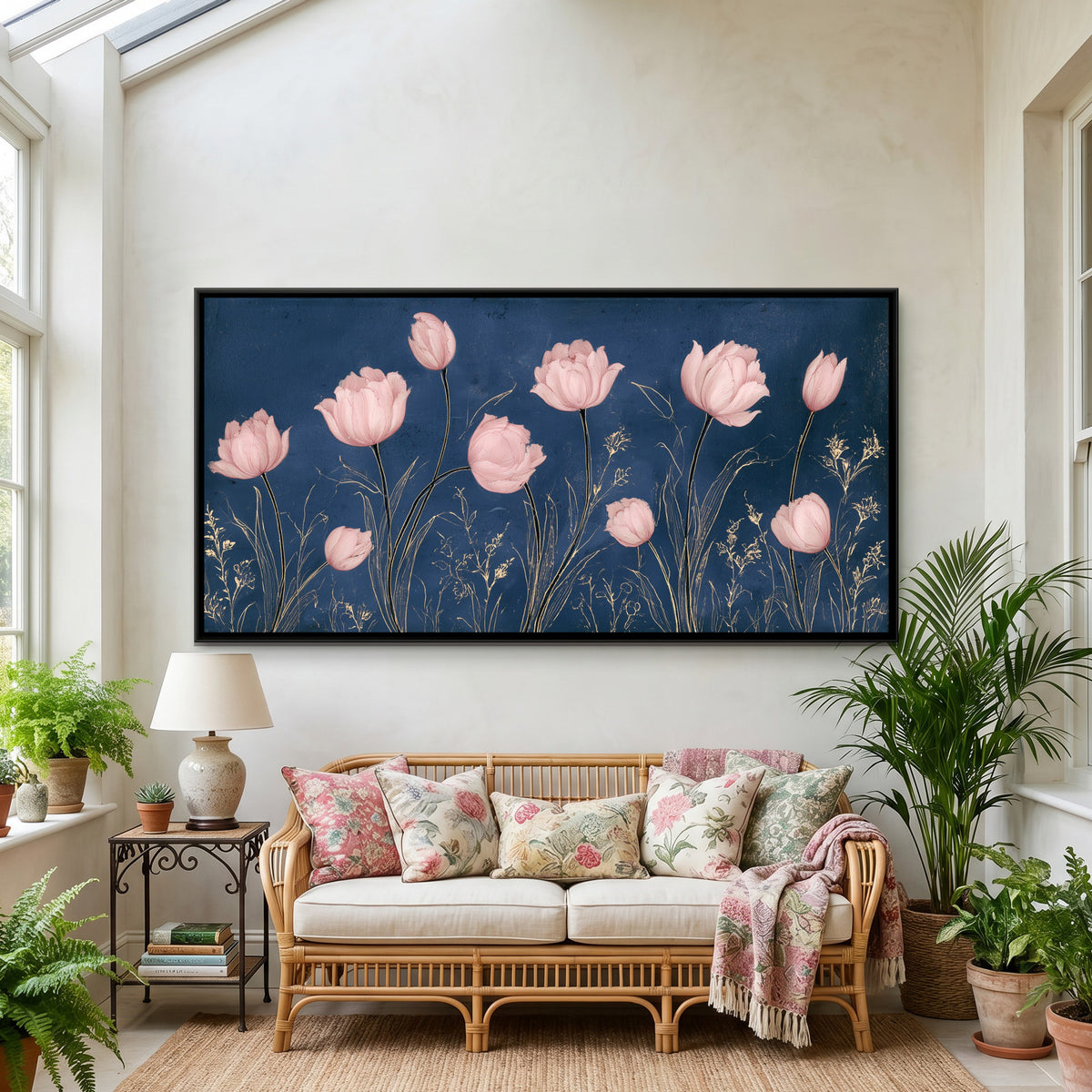 Mughal Tulips — framed canvas art hung on a wall
