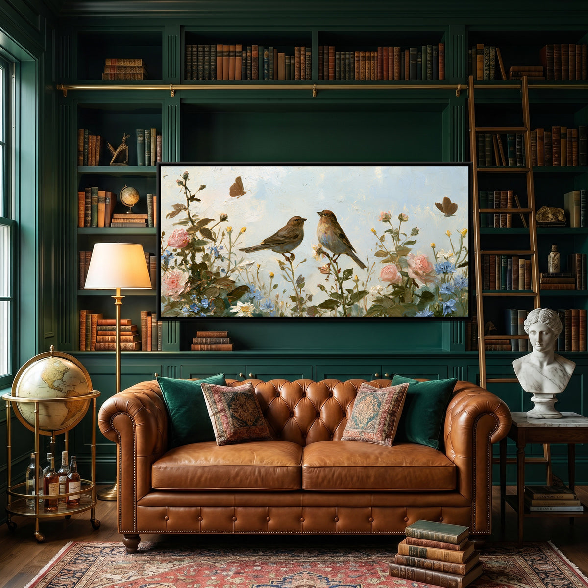 Sparrows and Wildflowers — canvas art shown in a styled room
