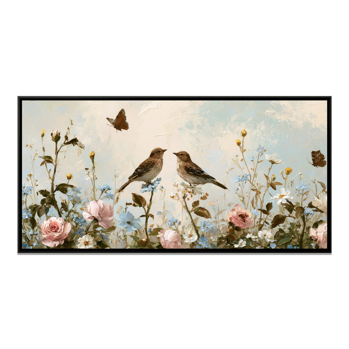 Sparrows and Wildflowers — framed canvas print, front view