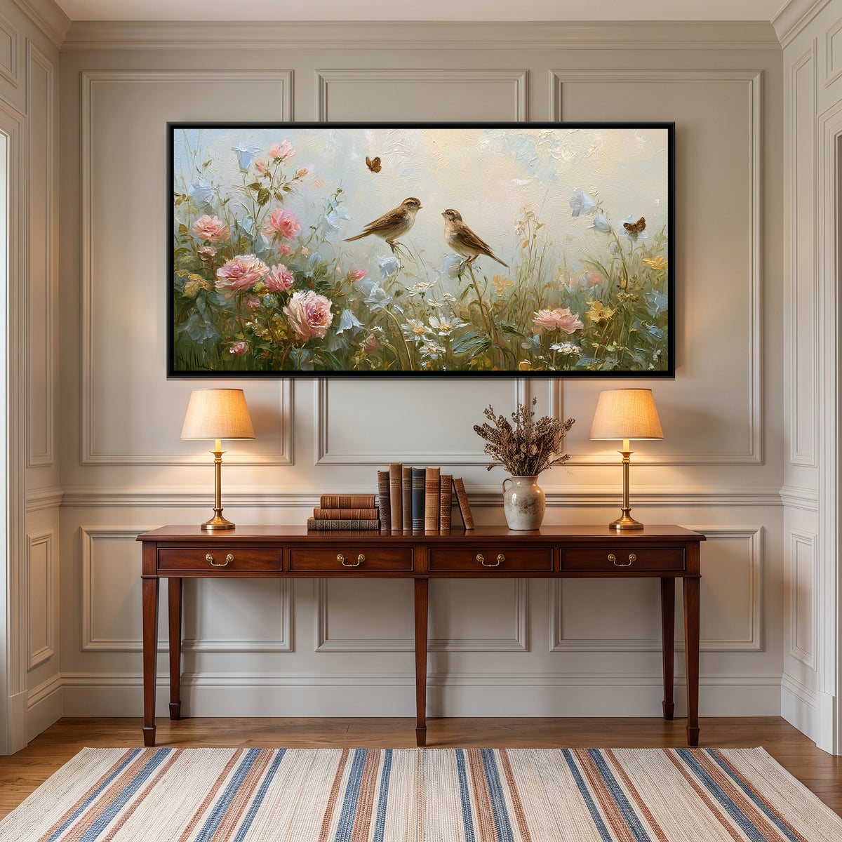 Sparrows and Wildflowers — canvas art shown in a styled room