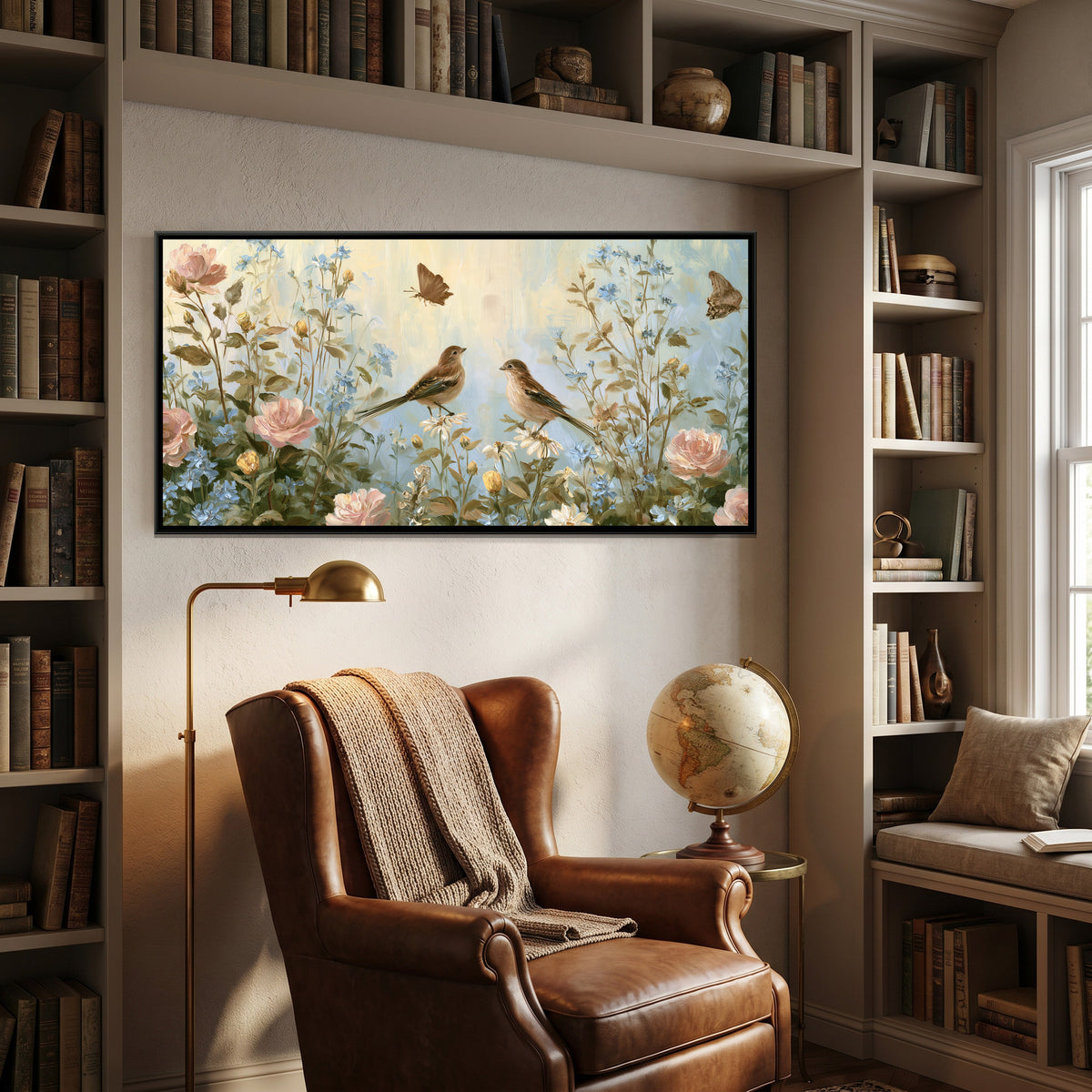 Sparrows and Wildflowers — canvas art shown in a second room setting