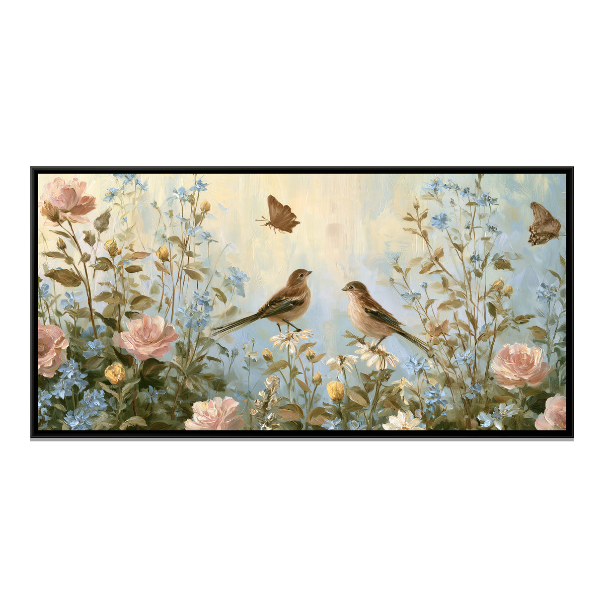 Sparrows and Wildflowers — framed canvas print, front view