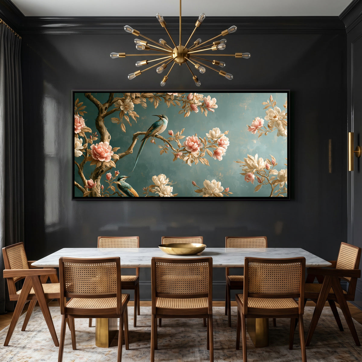 Chinoiserie Birds and Blossoms — canvas art shown in a styled room