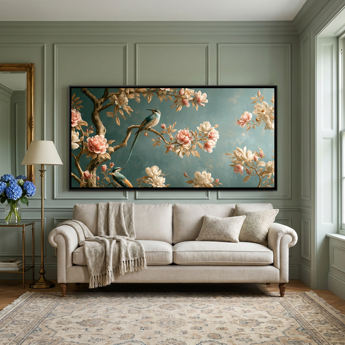 Chinoiserie Birds and Blossoms — canvas art shown in a second room setting