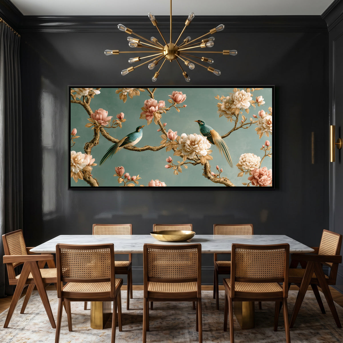 Chinoiserie Birds and Blossoms — canvas art shown in a styled room