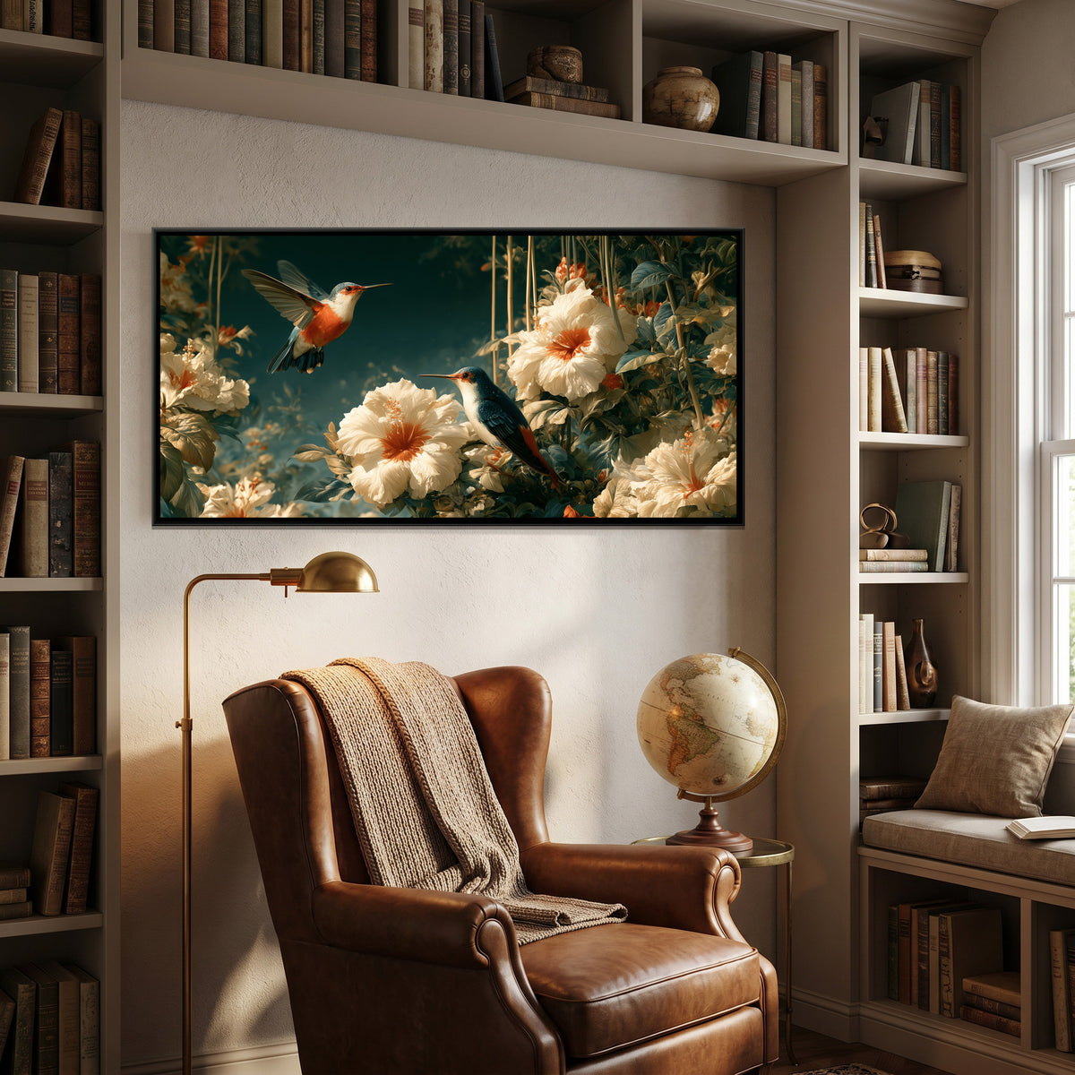 Chinoiserie Hummingbirds — canvas art shown in a styled room