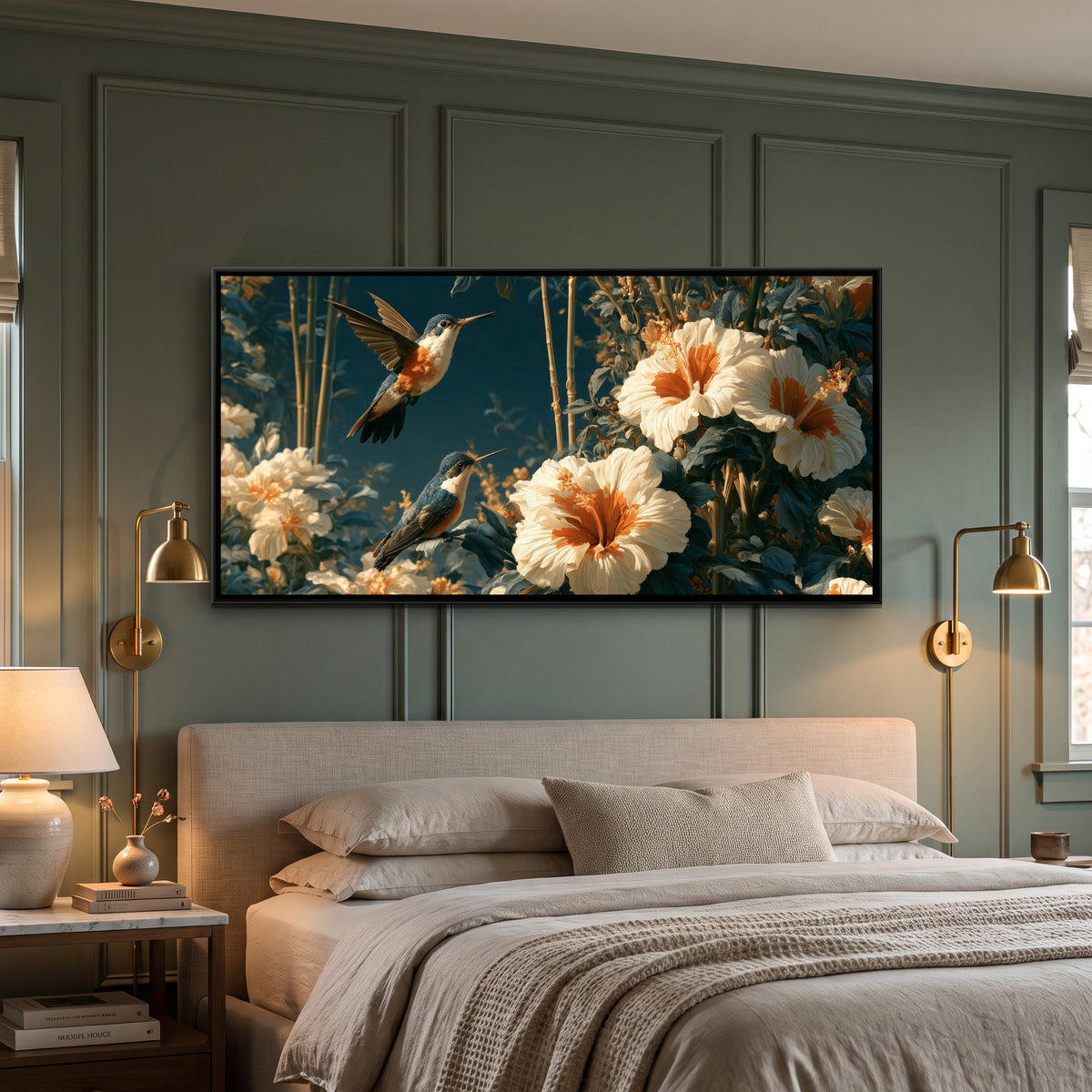 Chinoiserie Hummingbirds — canvas art shown in a styled room