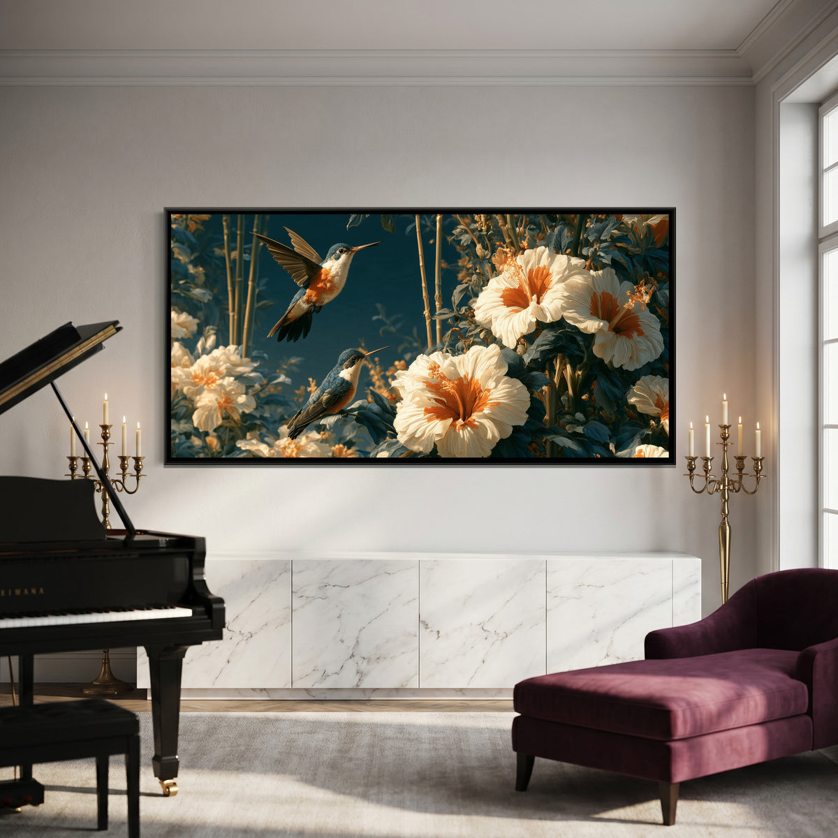 Chinoiserie Hummingbirds — canvas art shown in a second room setting