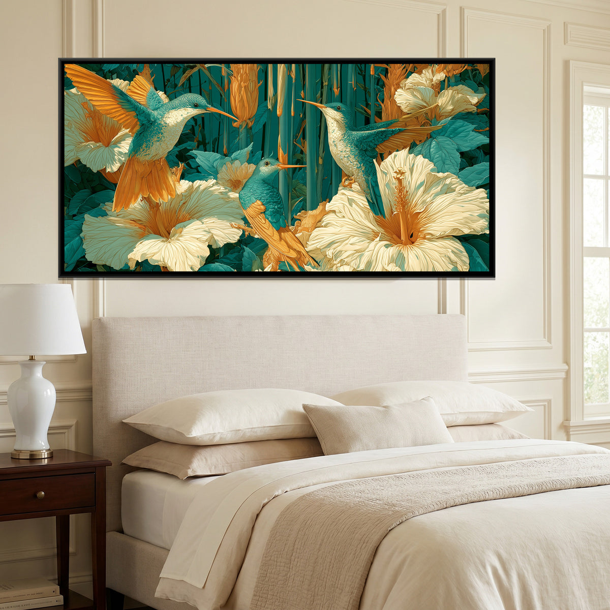 Chinoiserie Hummingbirds — canvas art shown in a second room setting