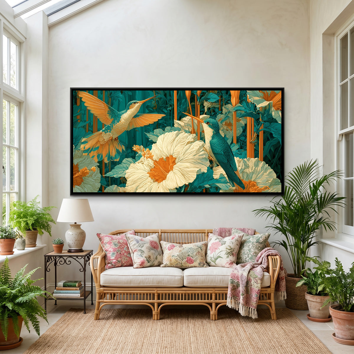 Chinoiserie Hummingbirds — canvas art shown in a second room setting