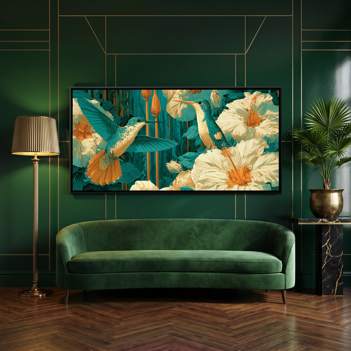 Chinoiserie Hummingbirds — canvas art shown in a styled room