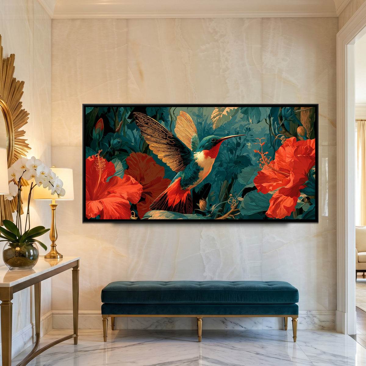 Hummingbird and Hibiscus — framed canvas art hung on a wall