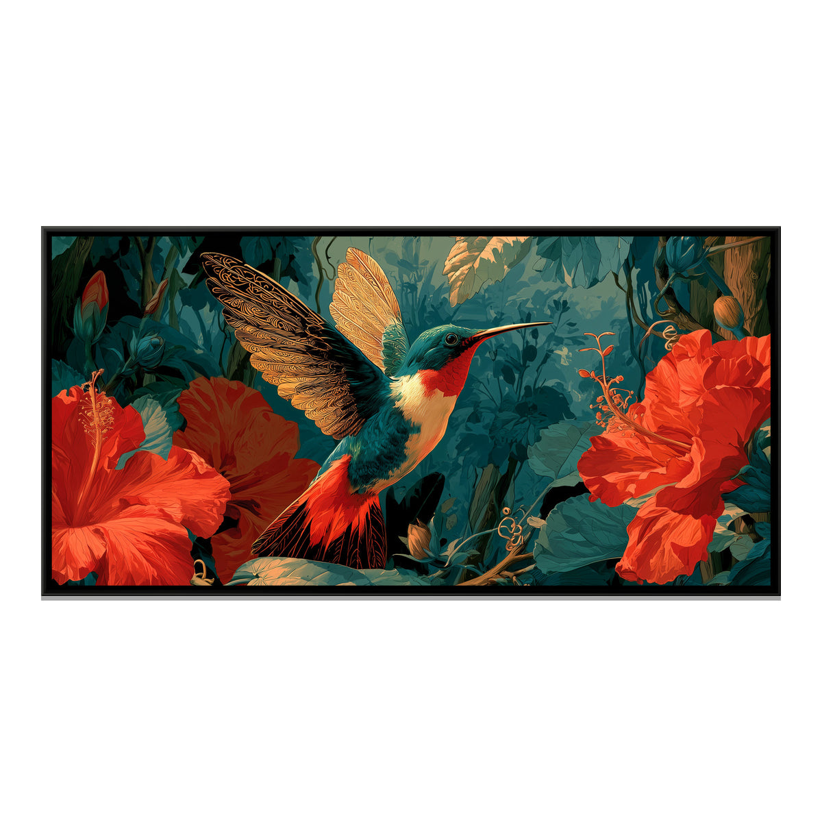 Hummingbird and Hibiscus — framed canvas print, front view