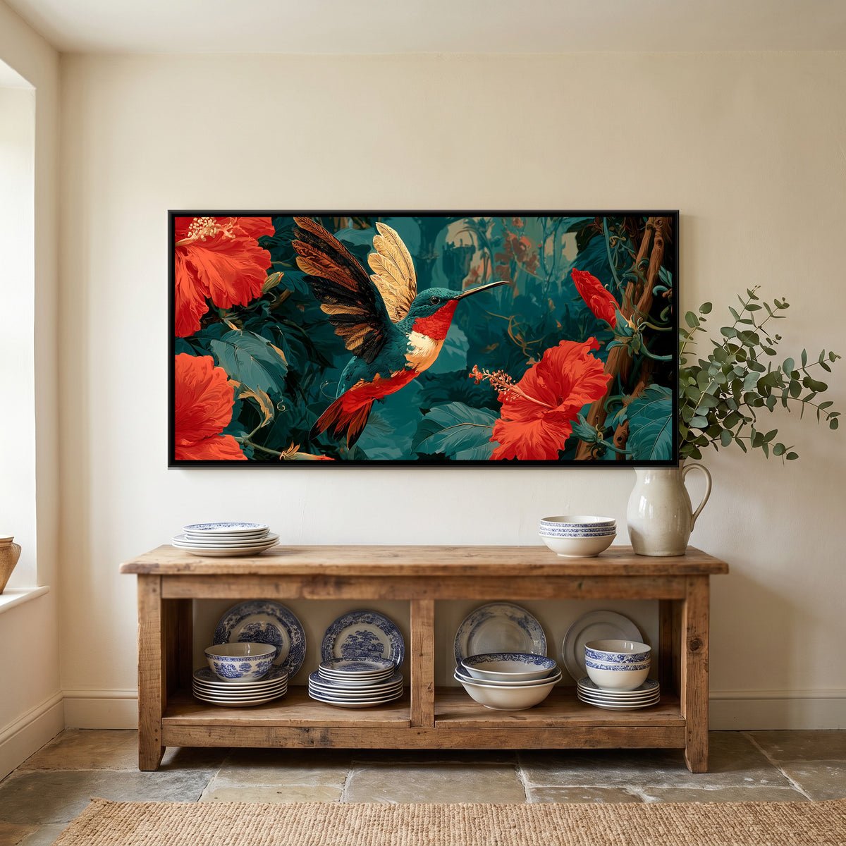 Hummingbird and Hibiscus — canvas art shown in a styled room