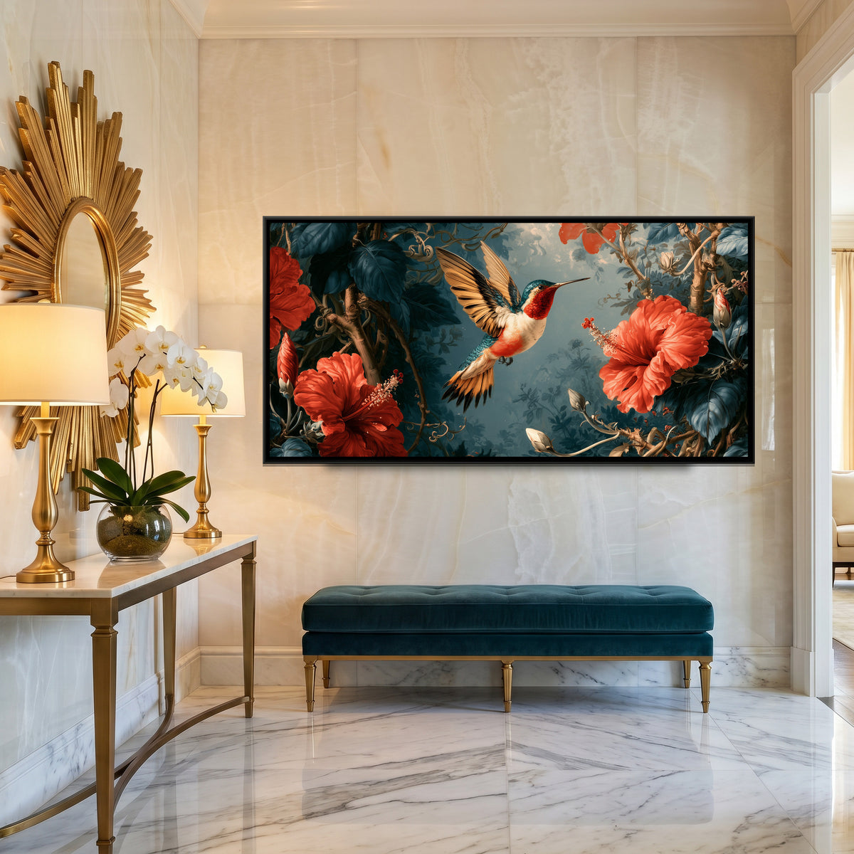 Hummingbird and Hibiscus — canvas art shown in a styled room