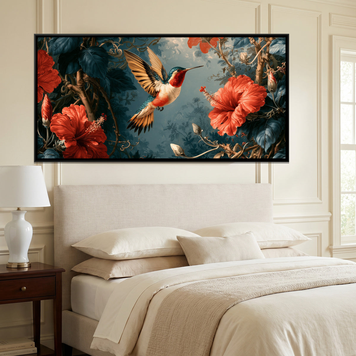 Hummingbird and Hibiscus — framed canvas art hung on a wall