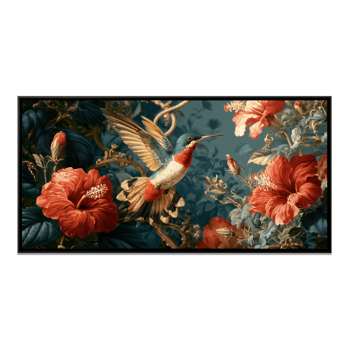 Hummingbird and Hibiscus — framed canvas print, front view