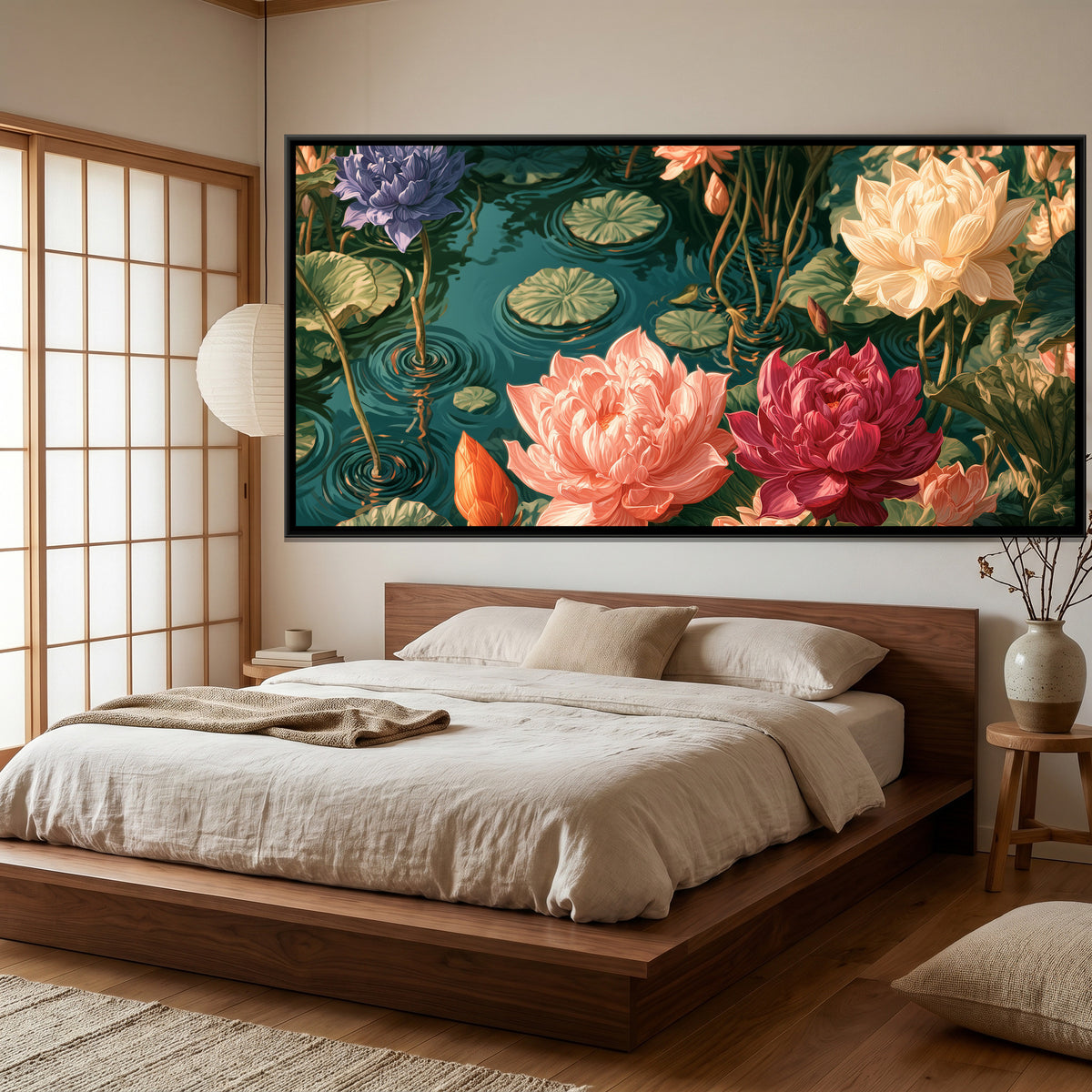 Lotus Pond — canvas art shown in a styled room