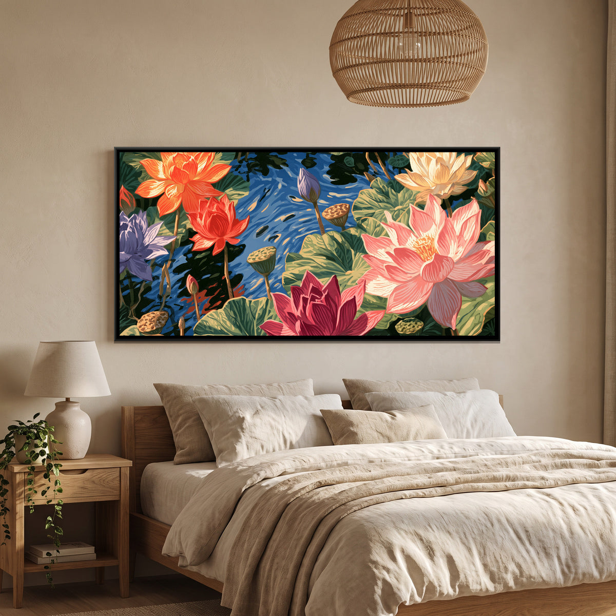 Lotus Pond — canvas art shown in a styled room