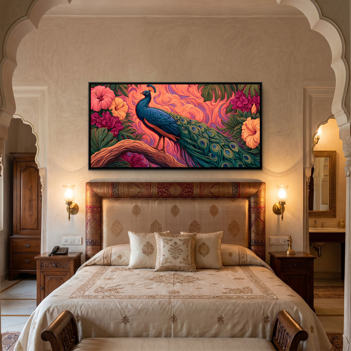 Peacock and Hibiscus — canvas art shown in a styled room