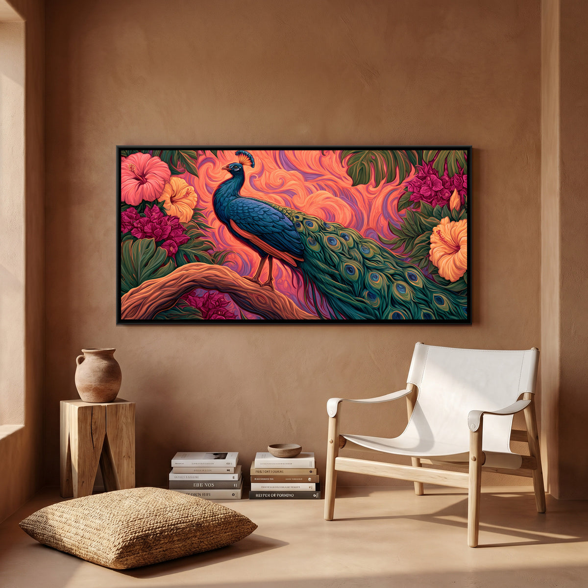 Peacock and Hibiscus — canvas art shown in a second room setting
