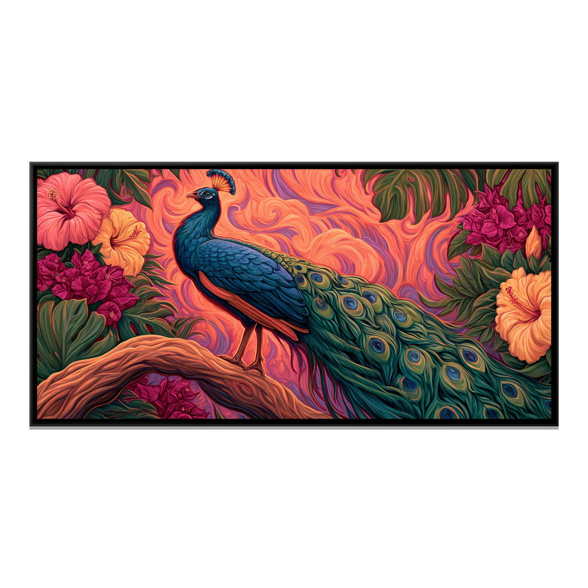 Peacock and Hibiscus — framed canvas print, front view