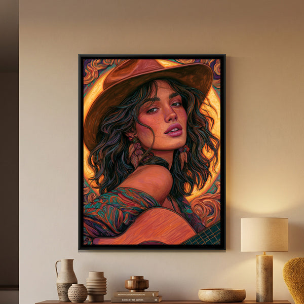 Woman with Guitar — framed canvas art hung on a wall