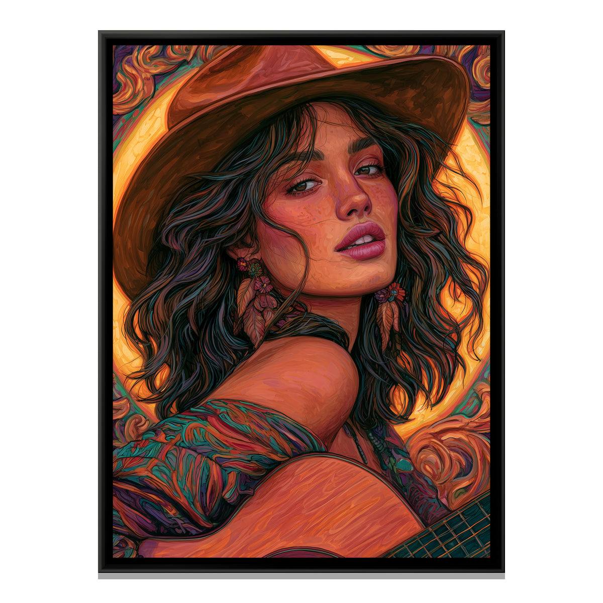 Woman with Guitar — framed canvas print, front view