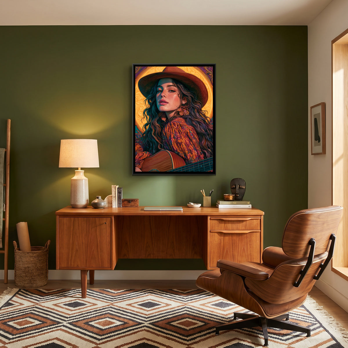 Woman with Guitar — canvas art shown in a second room setting