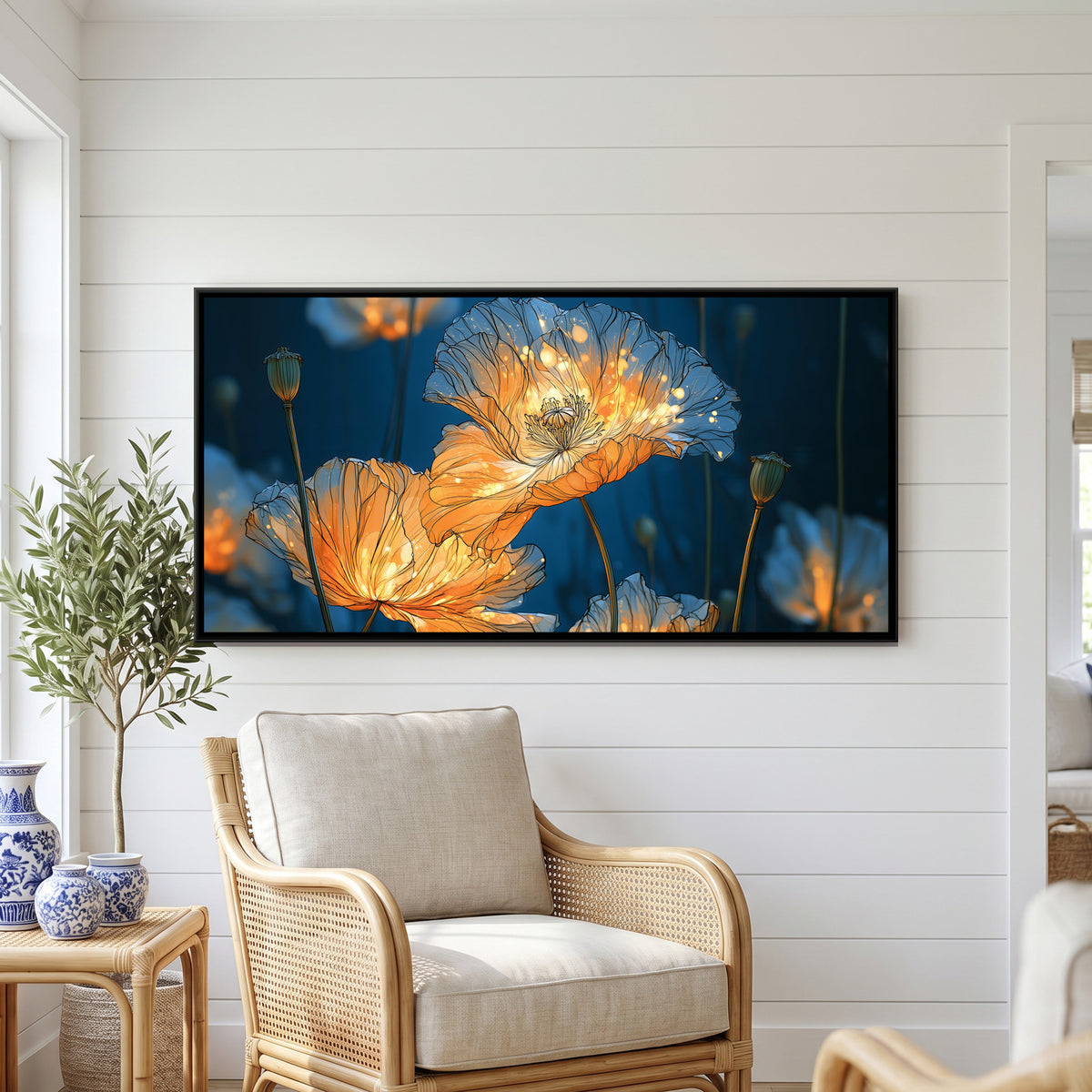 Orange Poppies — framed canvas art hung on a wall