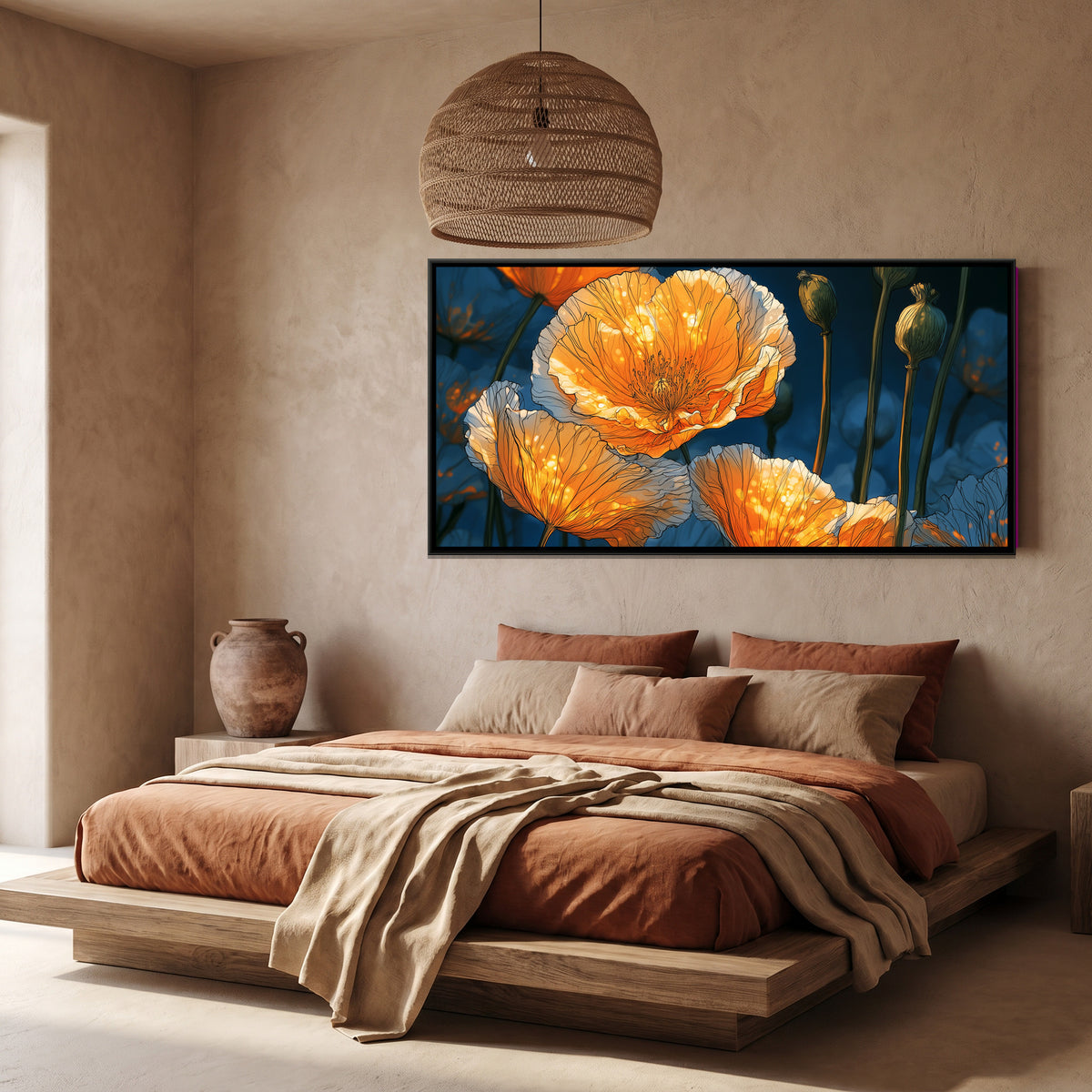 Orange Poppies — canvas art shown in a styled room