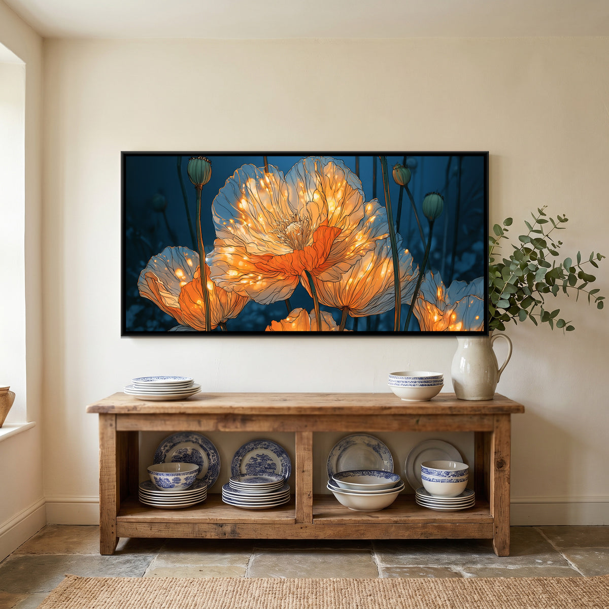 Orange Poppies — canvas art shown in a second room setting