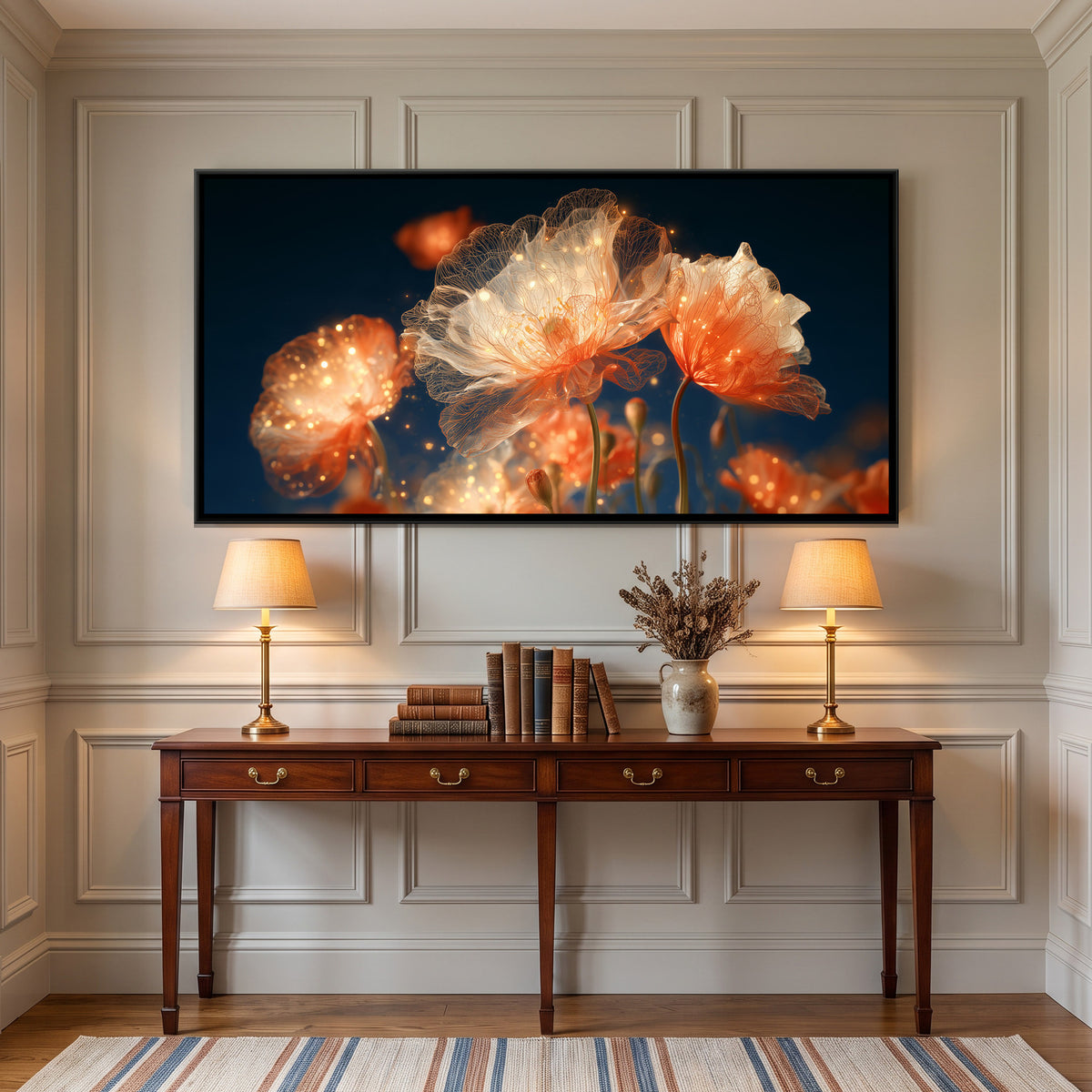 Orange Poppies — framed canvas art hung on a wall