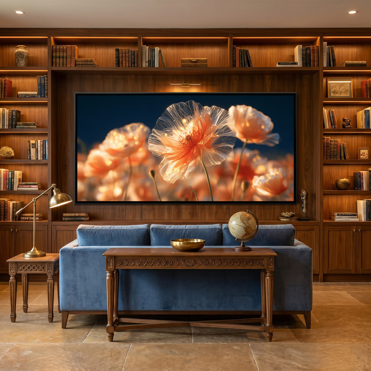 Orange Poppies — canvas art shown in a second room setting