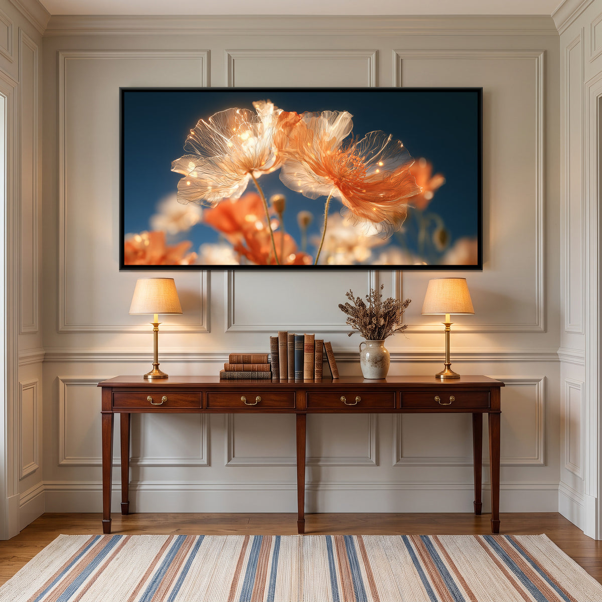 Orange Poppies — canvas art shown in a styled room