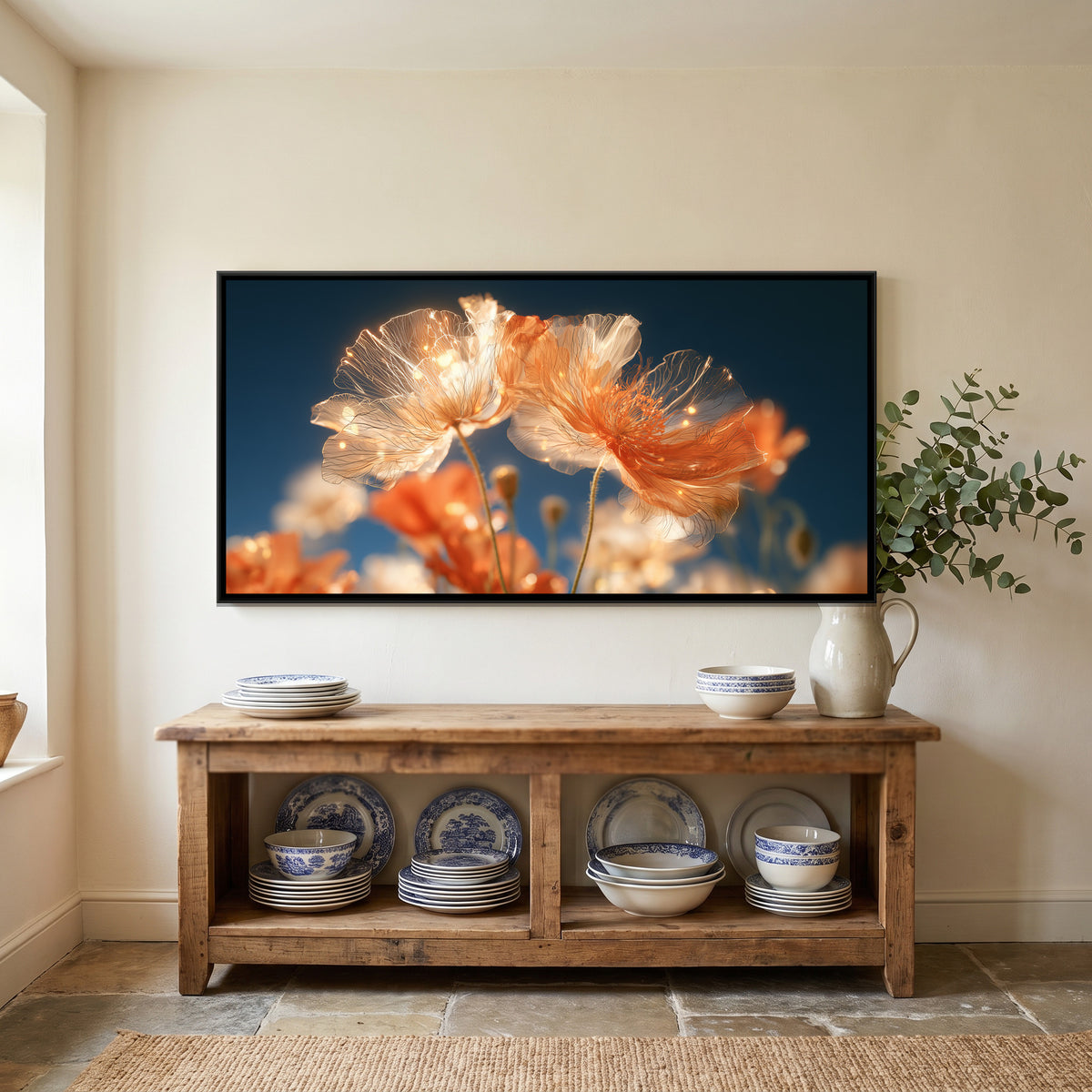 Orange Poppies — canvas art shown in a second room setting