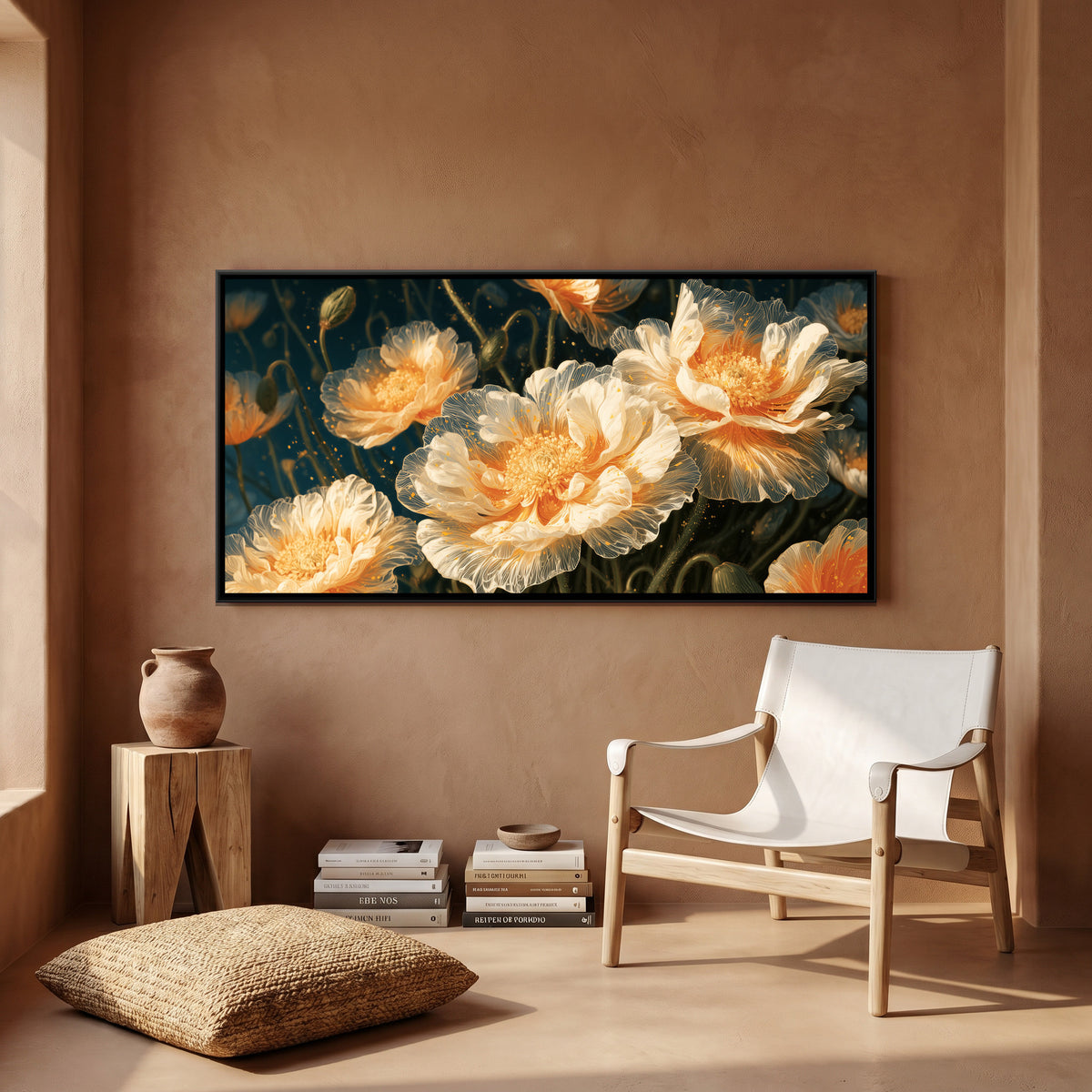 Orange Poppies — canvas art shown in a second room setting