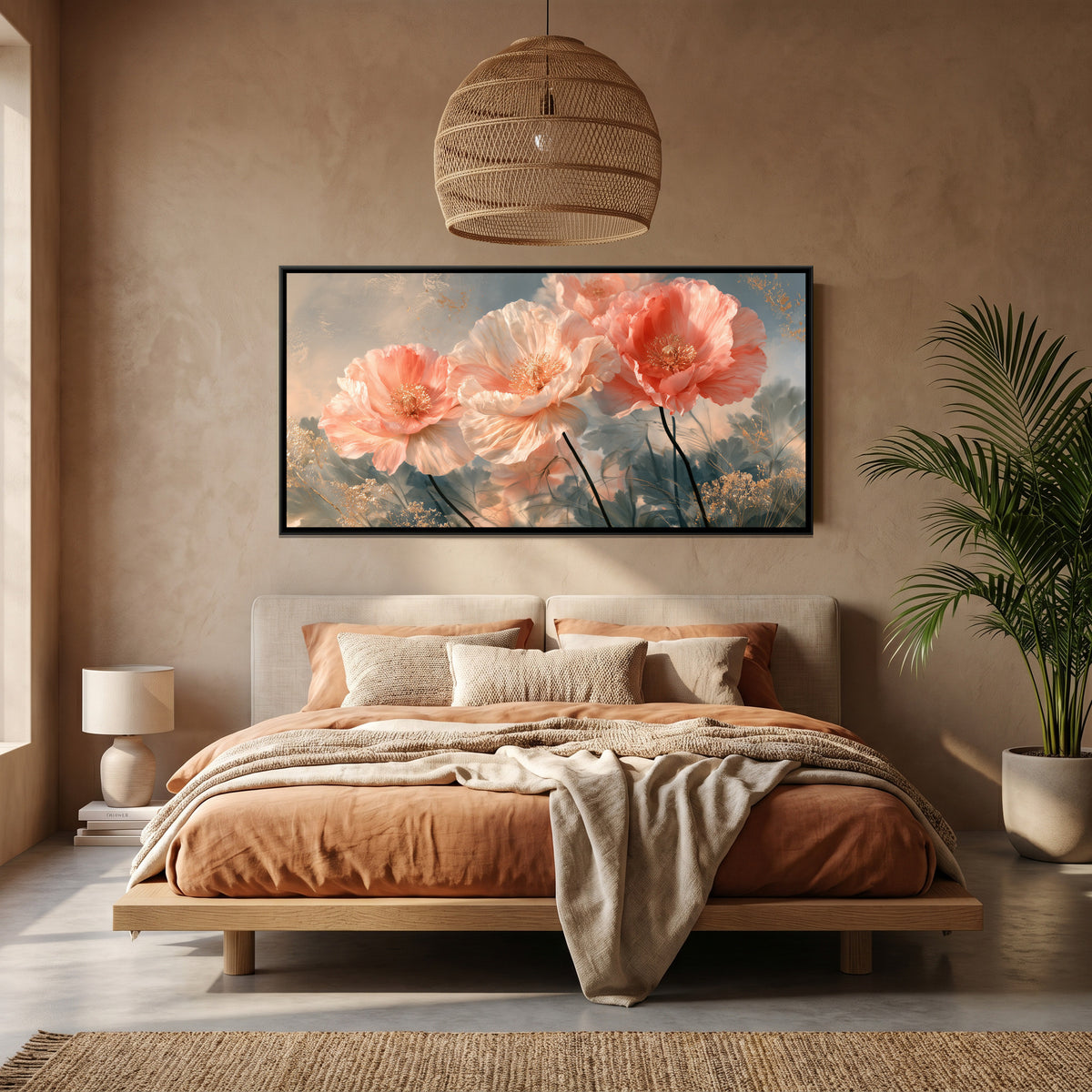Pink Poppies — canvas art shown in a styled room