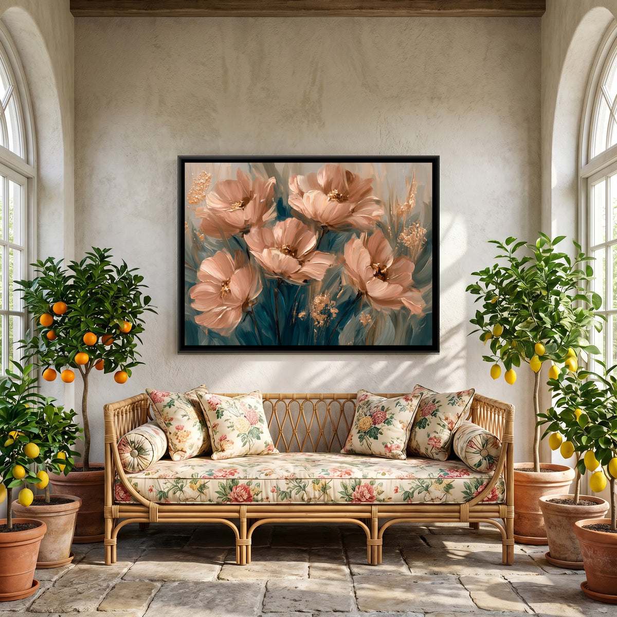 Peach Poppies — canvas art shown in a styled room