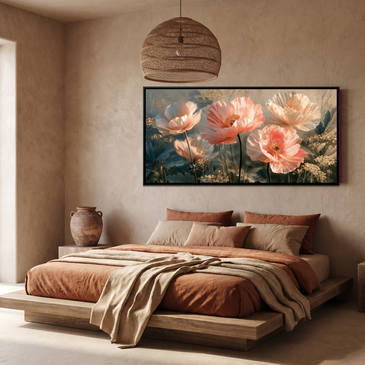 Pink Poppies — canvas art shown in a styled room