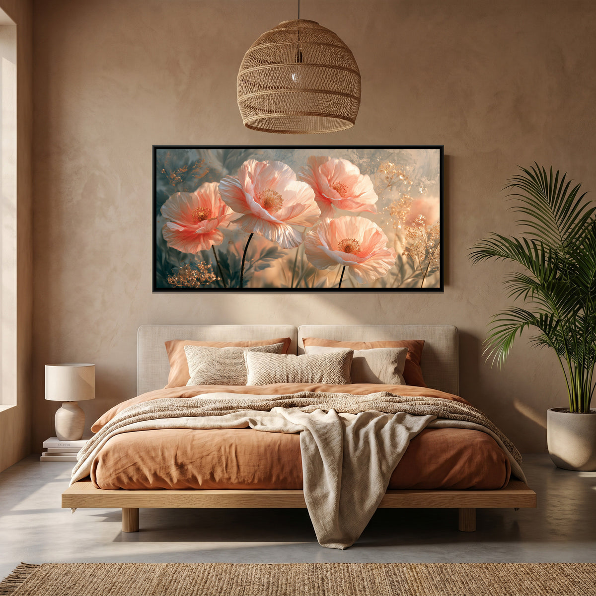 Pink Poppies — canvas art shown in a styled room