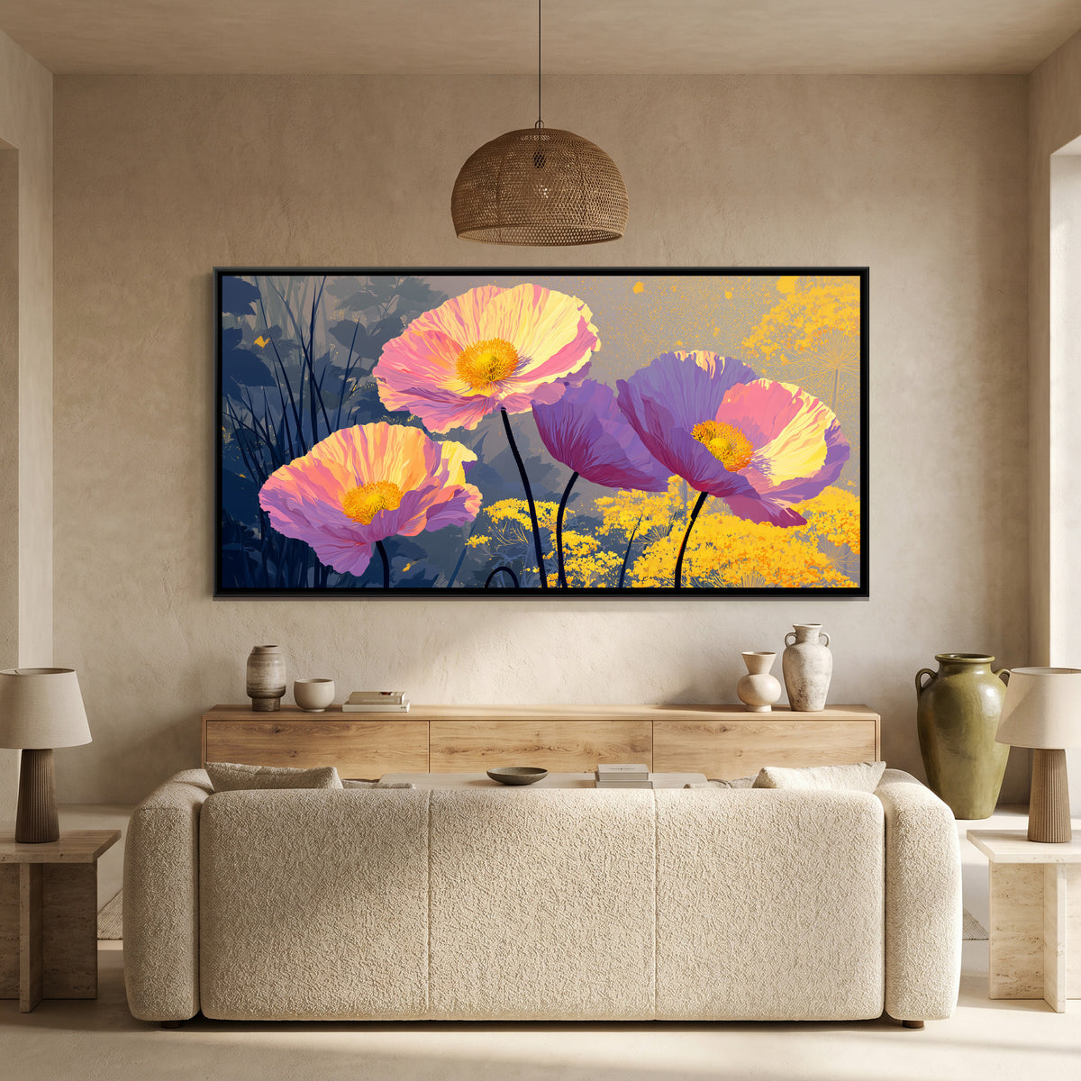 Pink Poppies — canvas art shown in a second room setting