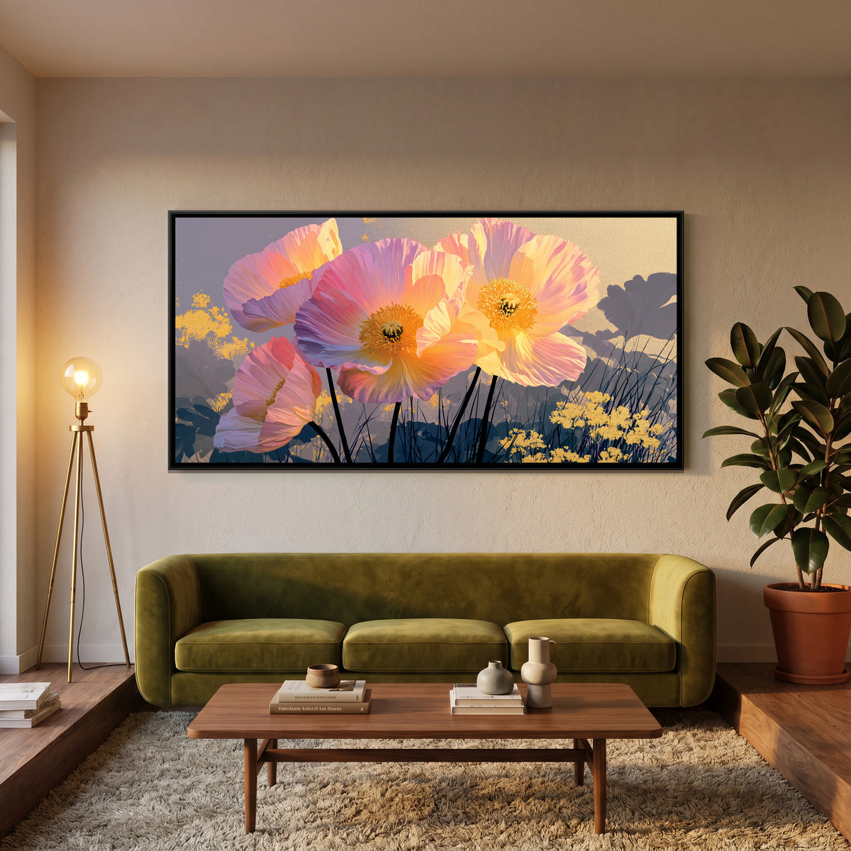 Pink Poppies — canvas art shown in a styled room