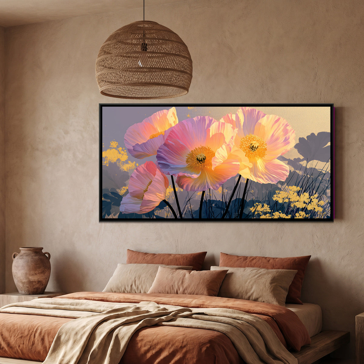 Pink Poppies — framed canvas art hung on a wall