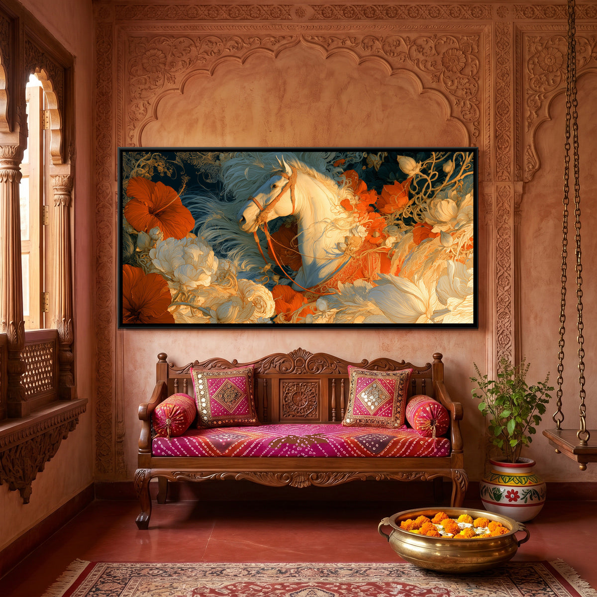 White Horse — canvas art shown in a styled room