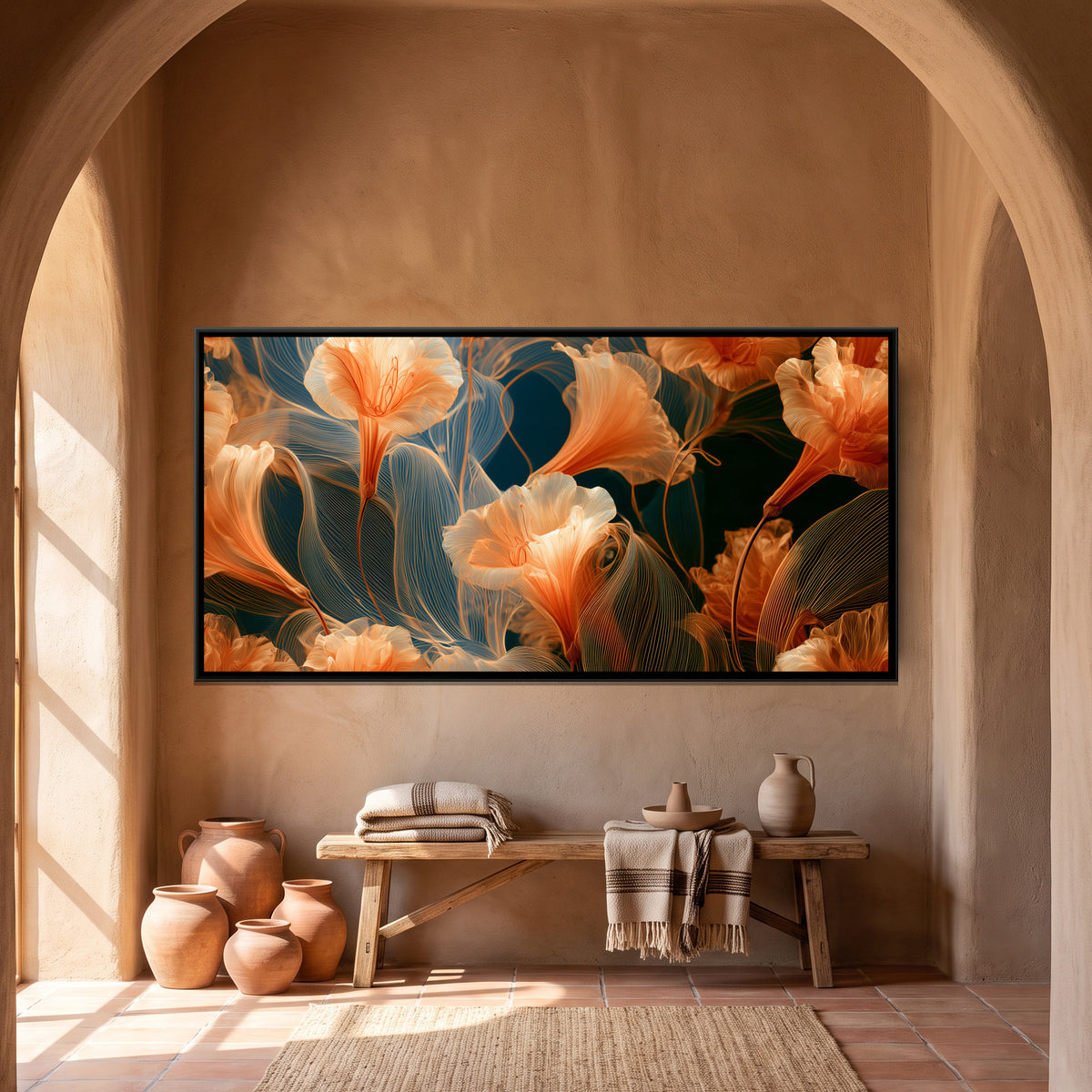 Art Nouveau Lilies — framed canvas art hung on a wall