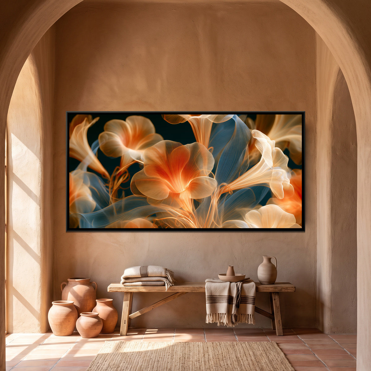 Art Nouveau Lilies — framed canvas art hung on a wall