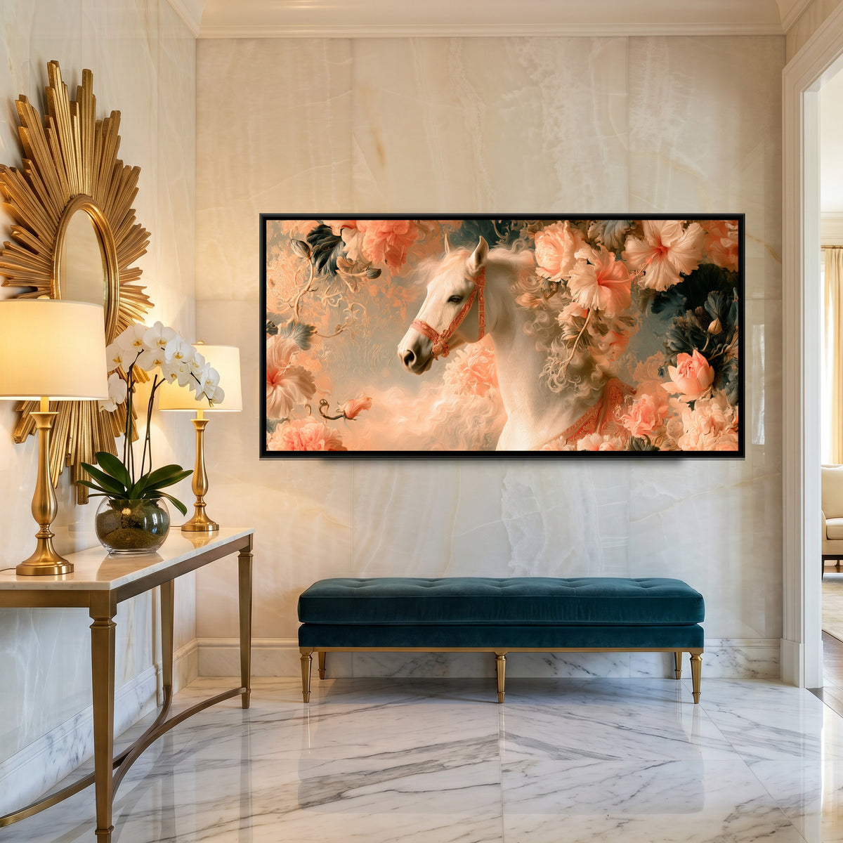 White Horse — canvas art shown in a second room setting